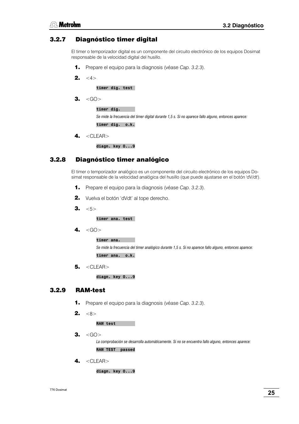 7 diagnóstico, Timer digital, 8 diagnóstico | Timer analógico, 9 ram-test, 7 diagnóstico timer digital, 8 diagnóstico timer analógico | Metrohm 776 Dosimat User Manual | Page 29 / 42