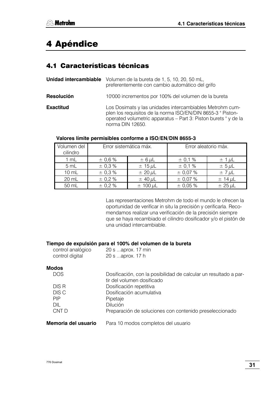 4 apéndice, 1 características técnicas | Metrohm 776 Dosimat User Manual | Page 35 / 42