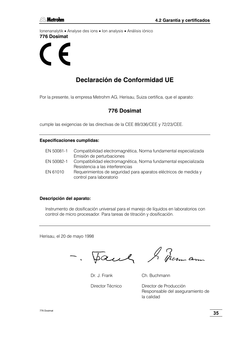 Declaración de conformidad ue, 776 dosimat | Metrohm 776 Dosimat User Manual | Page 39 / 42