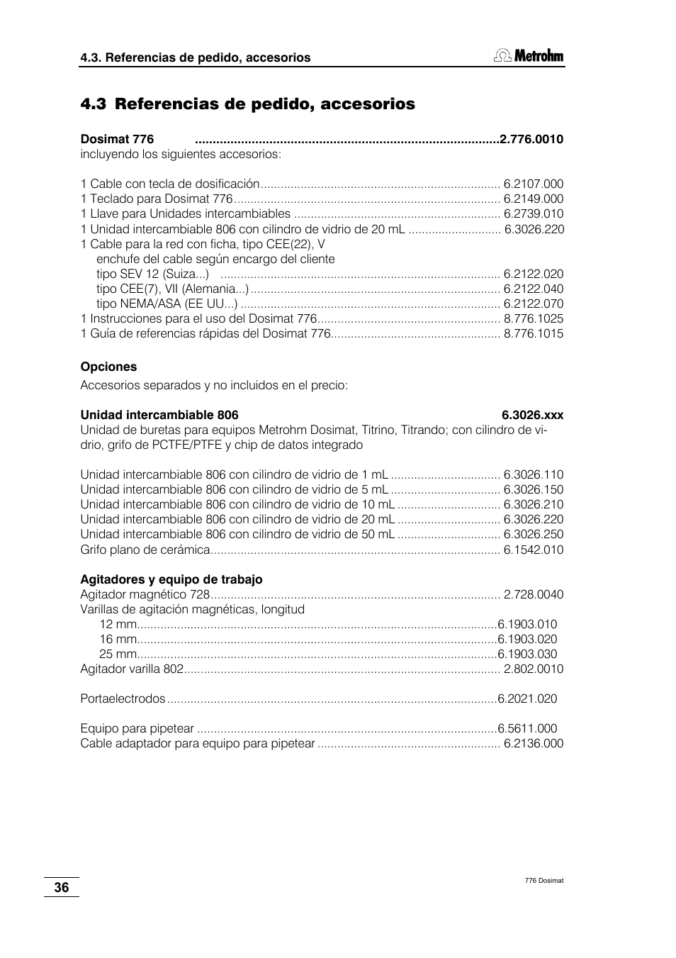 3 referencias de pedido, accesorios | Metrohm 776 Dosimat User Manual | Page 40 / 42