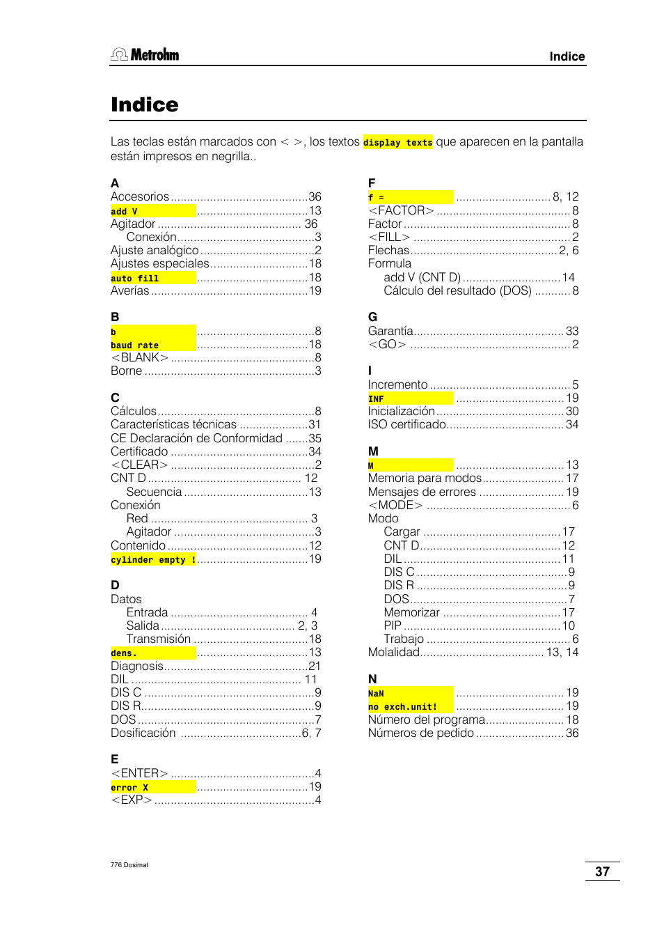 Indice | Metrohm 776 Dosimat User Manual | Page 41 / 42