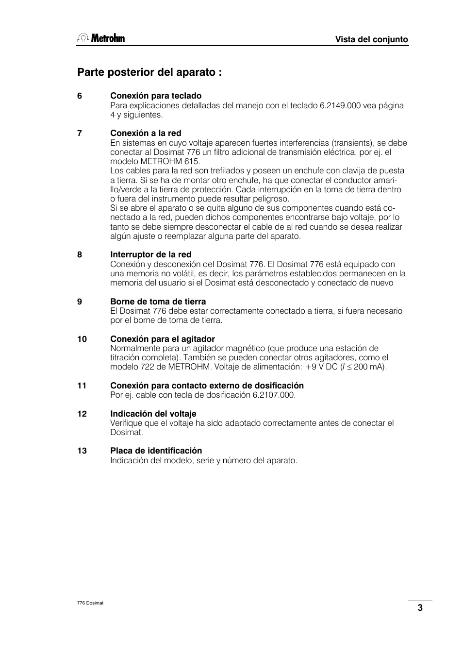 Parte posterior del aparato | Metrohm 776 Dosimat User Manual | Page 7 / 42