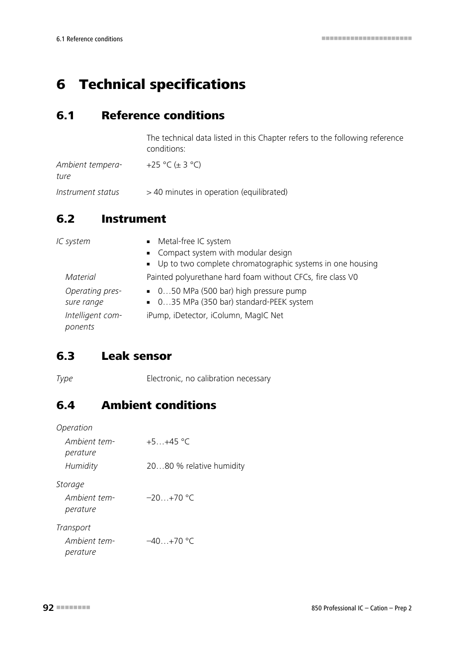6 technical specifications, 1 reference conditions, 2 instrument | 3 leak sensor, 4 ambient conditions, Reference conditions, Instrument, Leak sensor, Ambient conditions | Metrohm 850 Professional IC Cation - Prep 2 User Manual | Page 102 / 128