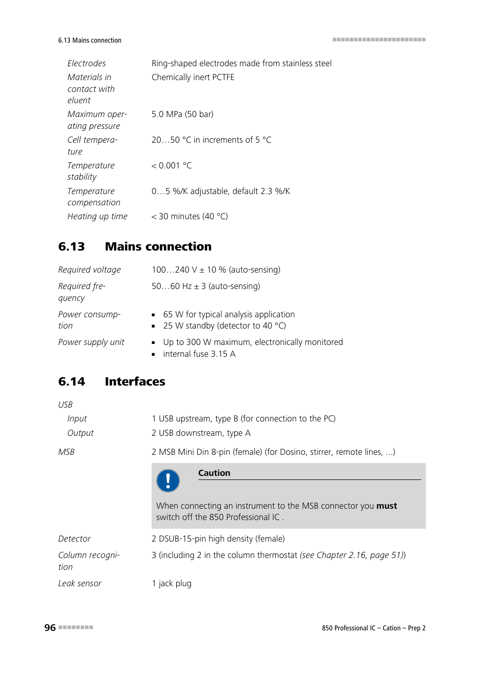 13 mains connection, 14 interfaces | Metrohm 850 Professional IC Cation - Prep 2 User Manual | Page 106 / 128