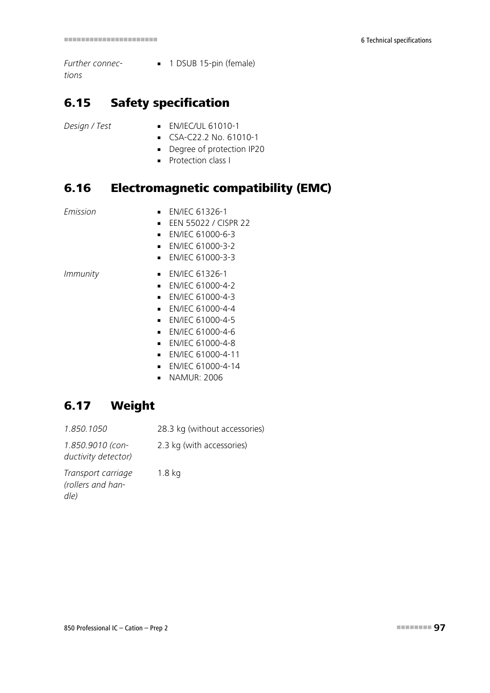 15 safety specification, 16 electromagnetic compatibility (emc), 17 weight | Metrohm 850 Professional IC Cation - Prep 2 User Manual | Page 107 / 128