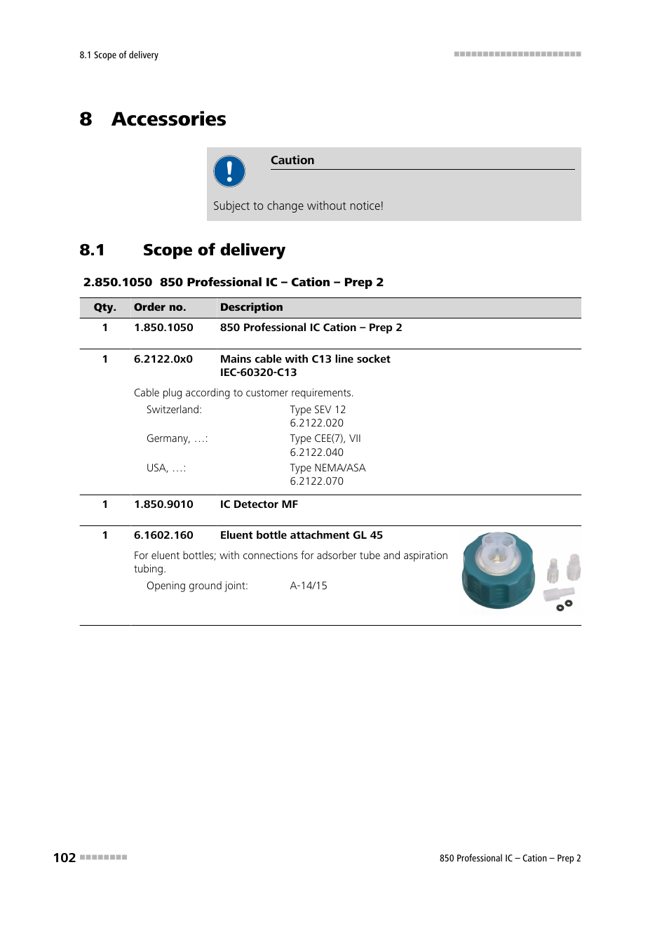 8 accessories, 1 scope of delivery, Scope of delivery | Metrohm 850 Professional IC Cation - Prep 2 User Manual | Page 112 / 128