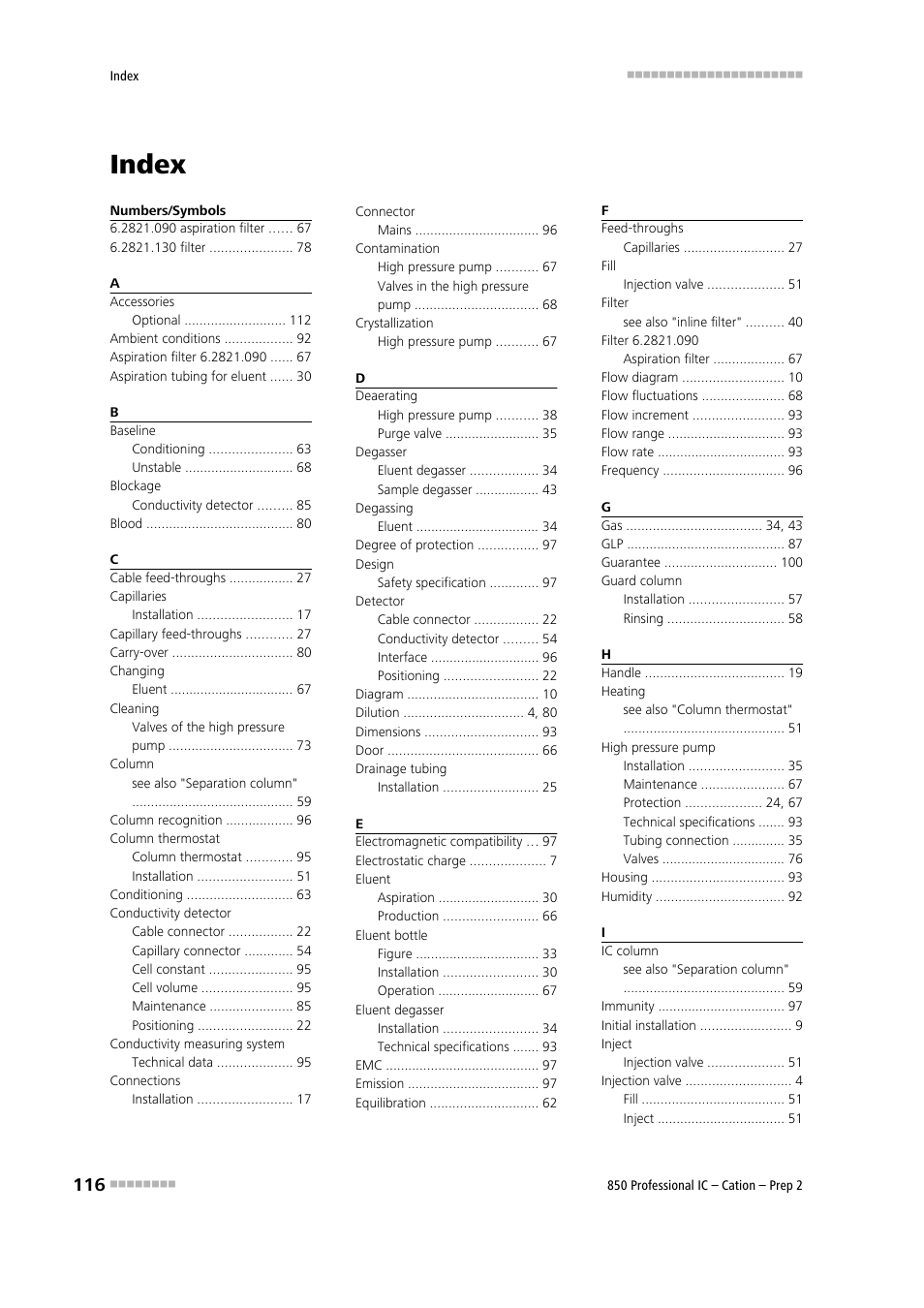 Index | Metrohm 850 Professional IC Cation - Prep 2 User Manual | Page 126 / 128