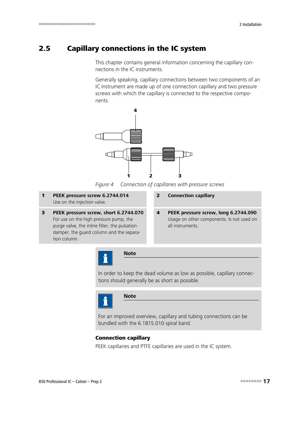 5 capillary connections in the ic system, Capillary connections in the ic system, Figure 4 | Connection of capillaries with pressure screws | Metrohm 850 Professional IC Cation - Prep 2 User Manual | Page 27 / 128