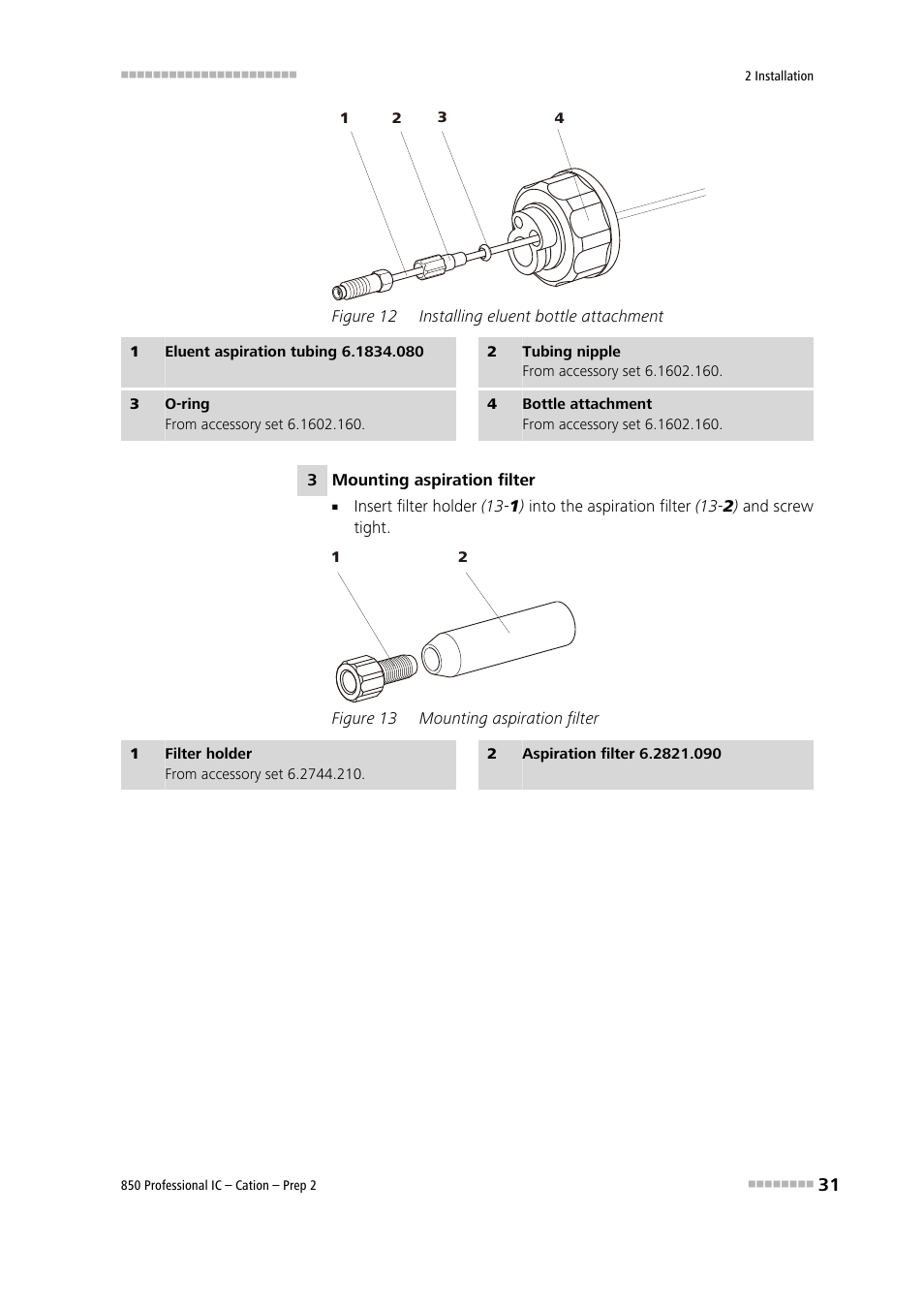 Figure 12, Installing eluent bottle attachment, Figure 13 | Mounting aspiration filter, Tubing (12-1), Ration tubing (12-1) | Metrohm 850 Professional IC Cation - Prep 2 User Manual | Page 41 / 128