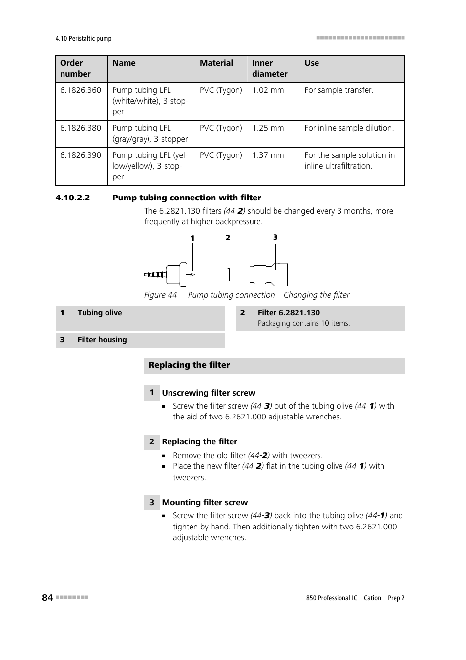 2 pump tubing connection with filter, Figure 44, Pump tubing connection – changing the filter | Metrohm 850 Professional IC Cation - Prep 2 User Manual | Page 94 / 128