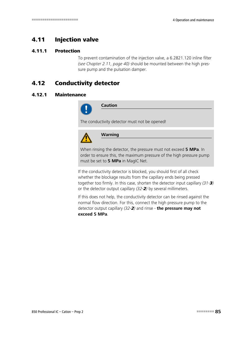 11 injection valve, 1 protection, 12 conductivity detector | 1 maintenance, Protection, Maintenance | Metrohm 850 Professional IC Cation - Prep 2 User Manual | Page 95 / 128