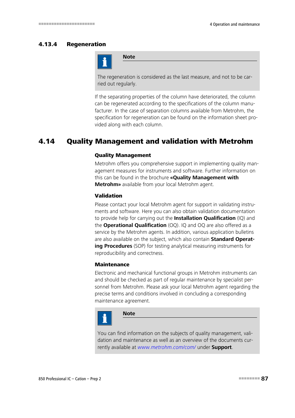 4 regeneration, 14 quality management and validation with metrohm, Regeneration | Metrohm 850 Professional IC Cation - Prep 2 User Manual | Page 97 / 128