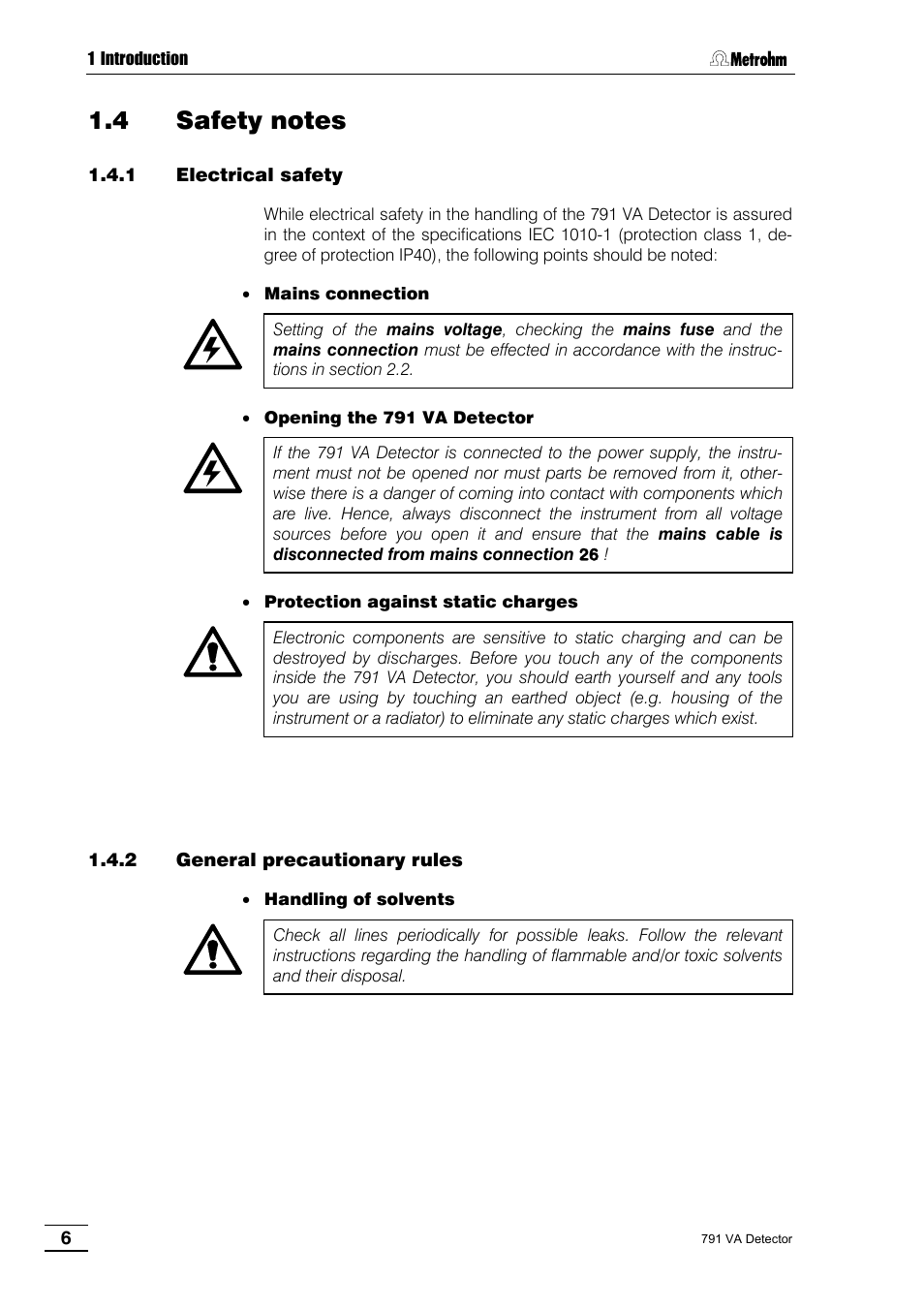 4 safety notes, 1 electrical safety, 2 general precautionary rules | Metrohm 791 VA Detector User Manual | Page 12 / 56