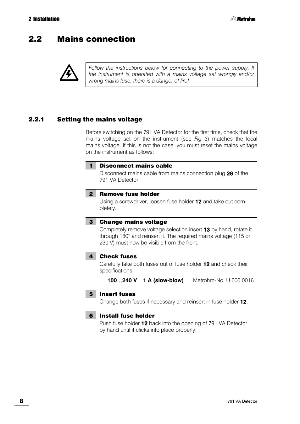 2 mains connection, 1 setting the mains voltage | Metrohm 791 VA Detector User Manual | Page 14 / 56
