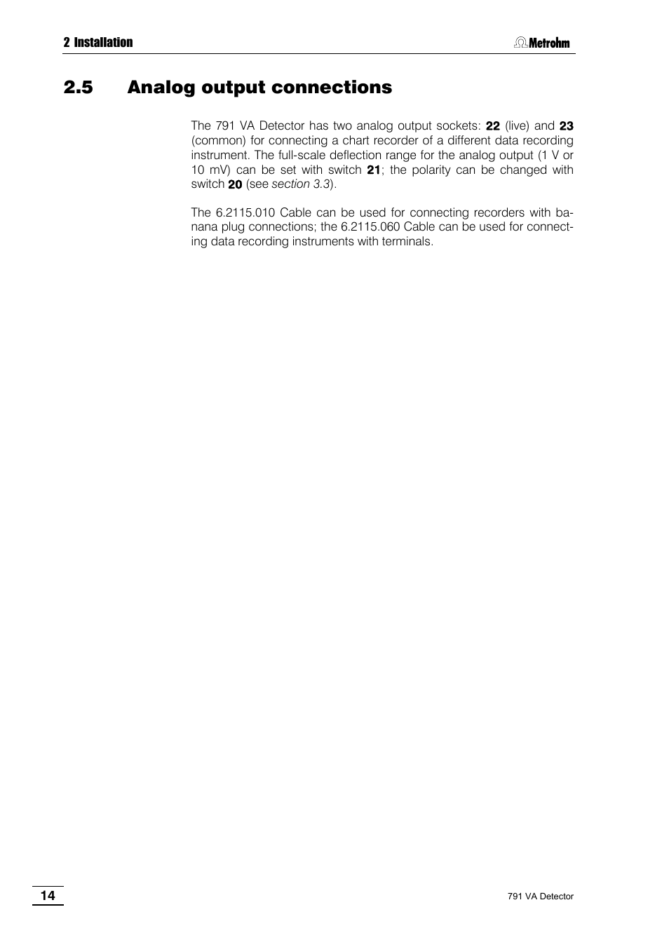 5 analog output connections | Metrohm 791 VA Detector User Manual | Page 20 / 56