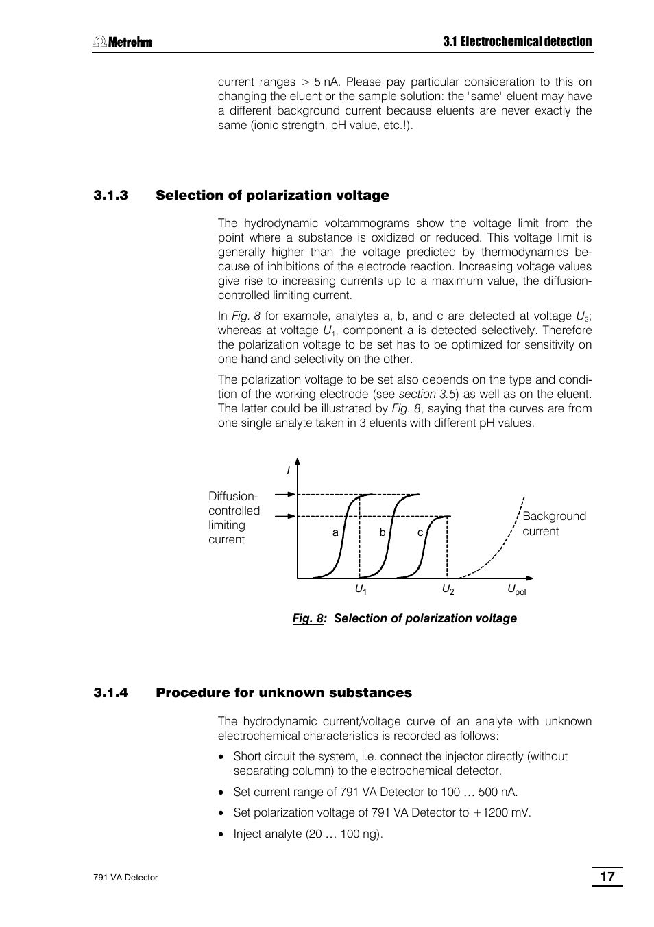 3 selection of polarization voltage, 4 procedure for unknown substances | Metrohm 791 VA Detector User Manual | Page 23 / 56