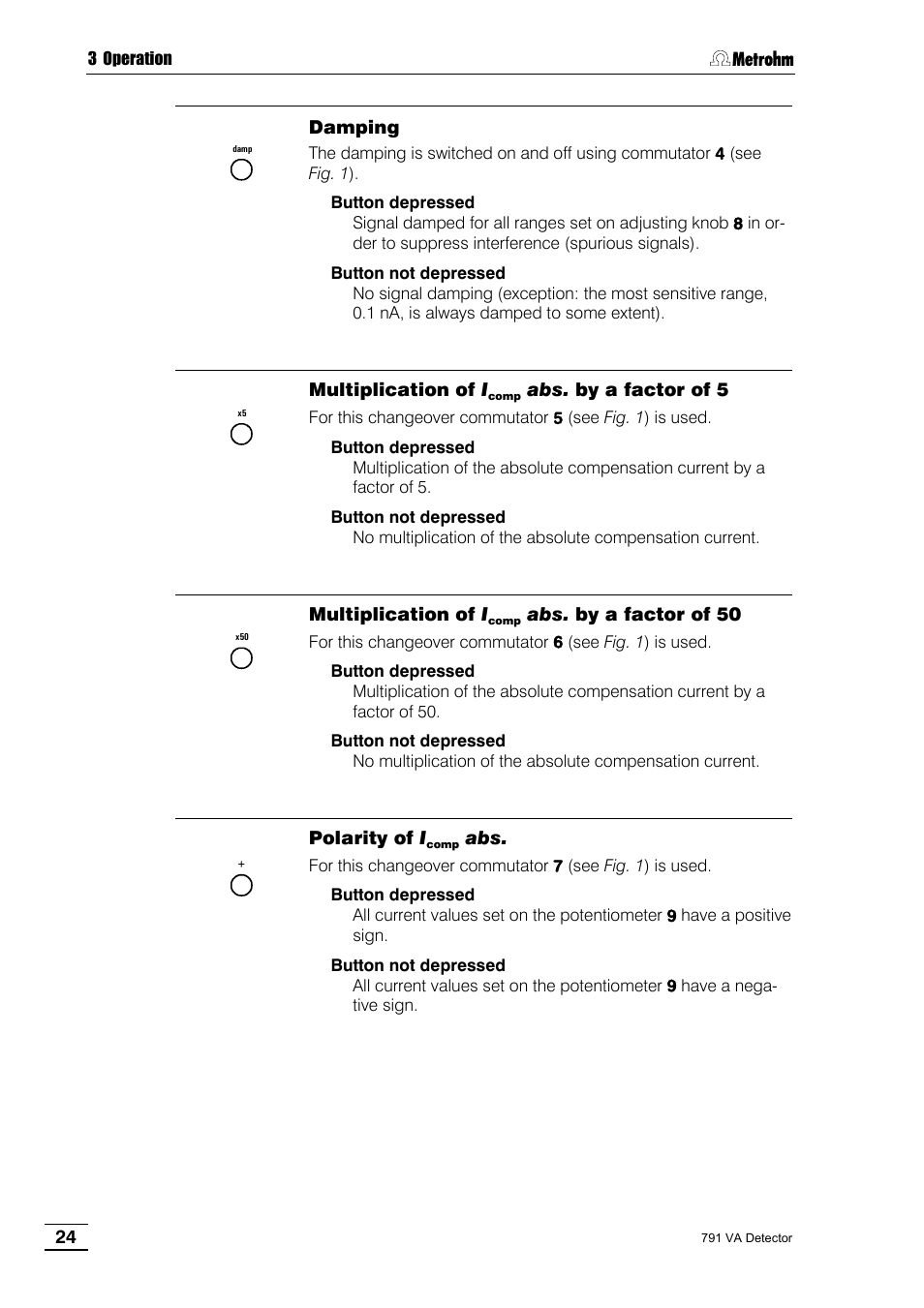 Damping, Multiplication of by a factor of 5, Multiplication of by a factor of 50 | Polarity of | Metrohm 791 VA Detector User Manual | Page 30 / 56