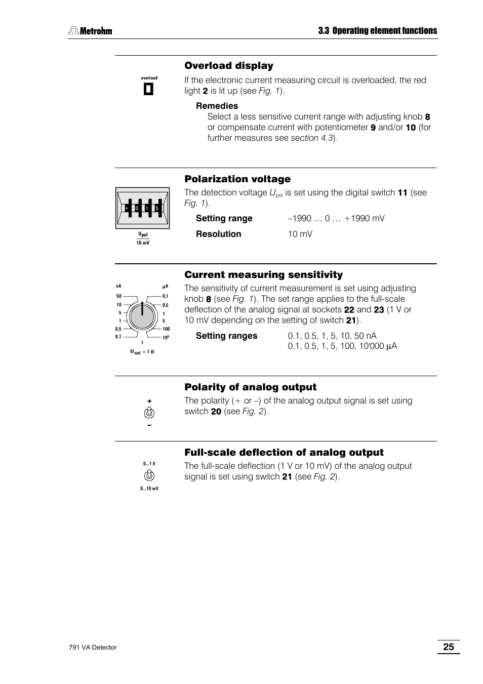 Overload display, Polarization voltage, Current measuring sensitivity | Polarity of analog output, Full-scale deflection of analog output | Metrohm 791 VA Detector User Manual | Page 31 / 56