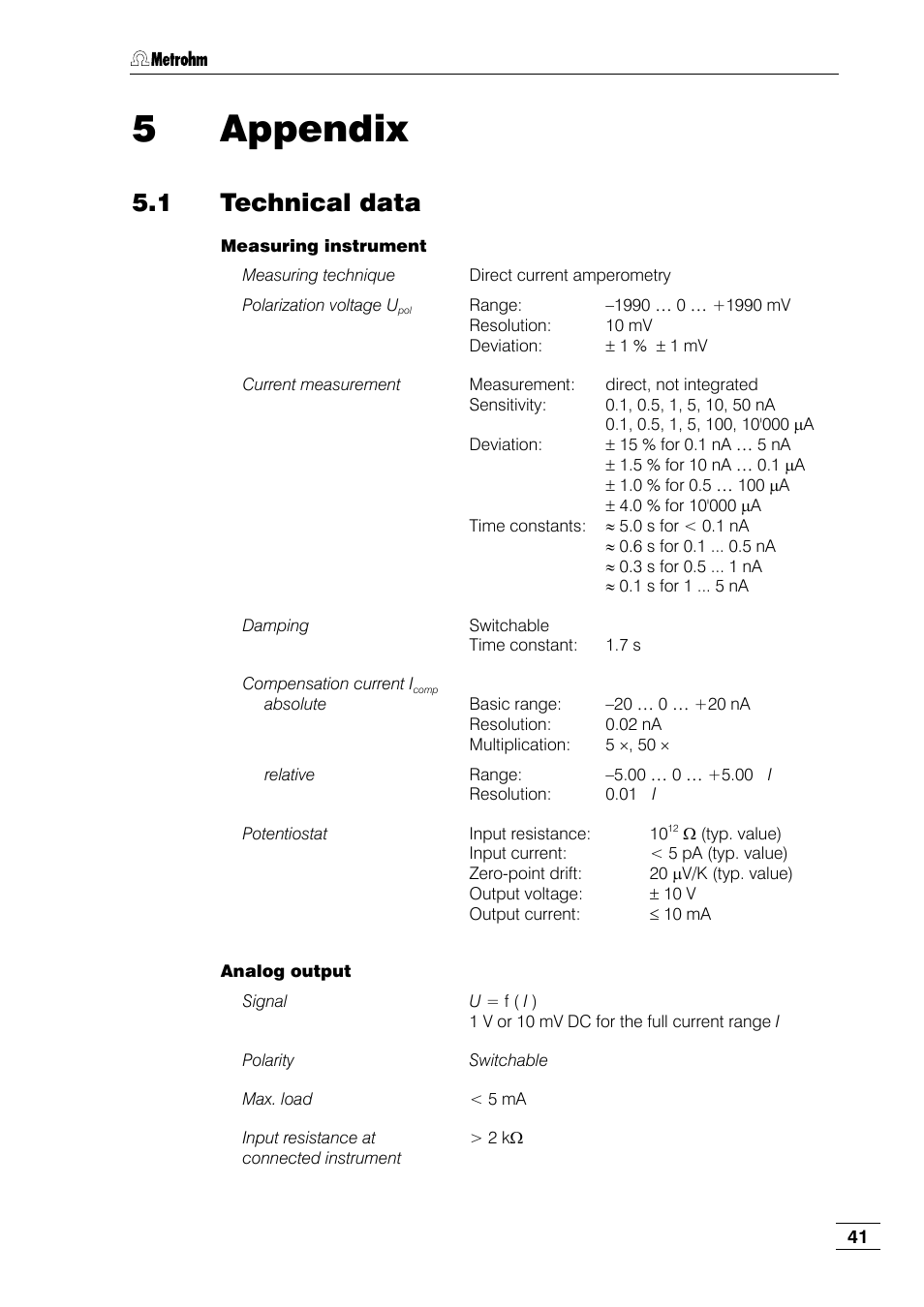 5 appendix, 1 technical data | Metrohm 791 VA Detector User Manual | Page 47 / 56
