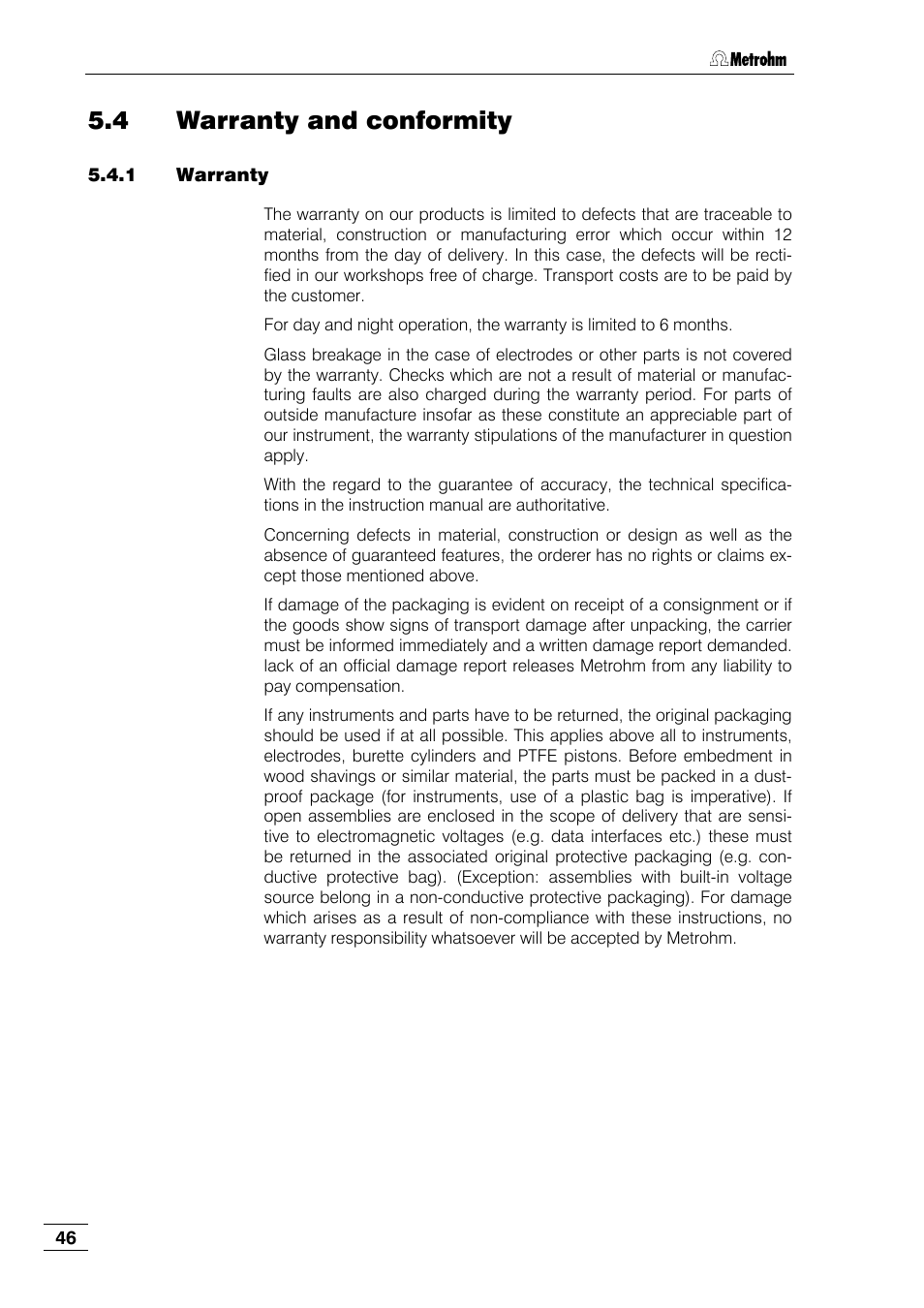 4 warranty and conformity, 1 warranty | Metrohm 791 VA Detector User Manual | Page 52 / 56
