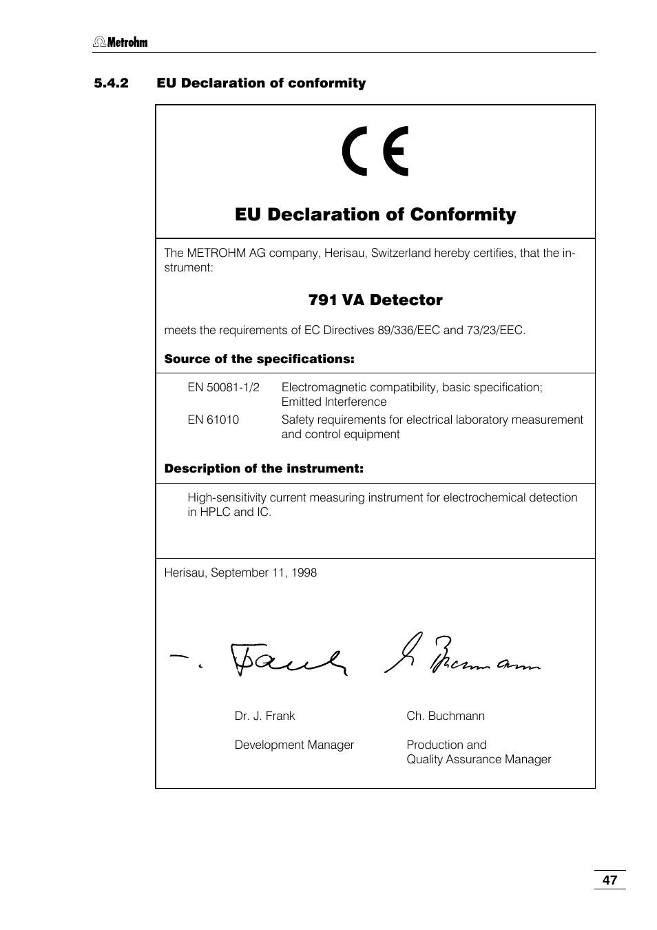 2 eu declaration of conformity, Eu declaration of conformity, Va detector | Metrohm 791 VA Detector User Manual | Page 53 / 56