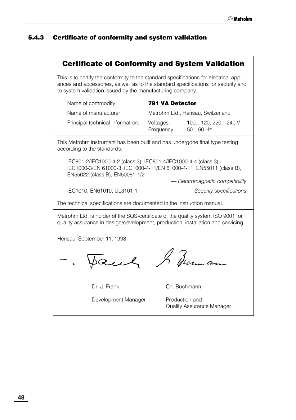 3 certificate of conformity and system validation, Certificate of conformity and system validation | Metrohm 791 VA Detector User Manual | Page 54 / 56