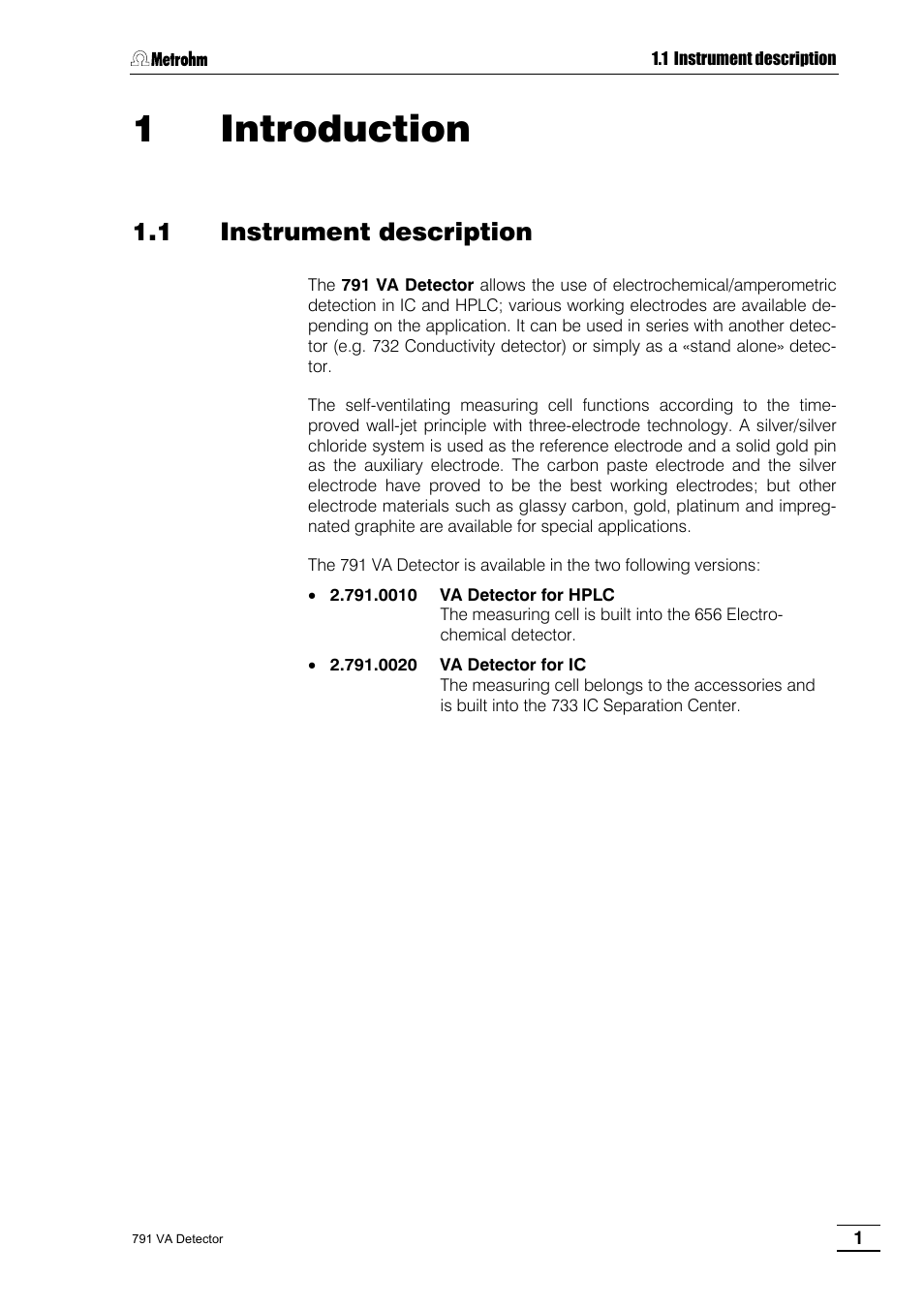 1 introduction, 1 instrument description | Metrohm 791 VA Detector User Manual | Page 7 / 56