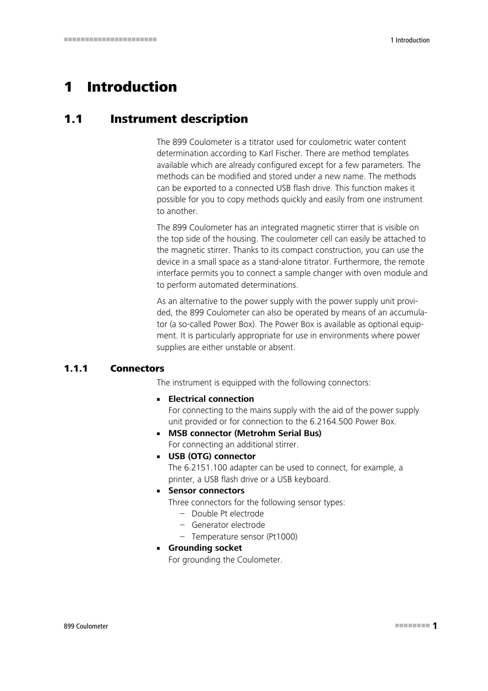 1 introduction, 1 instrument description, 1 connectors | Instrument description, Connectors | Metrohm 899 Coulometer User Manual | Page 11 / 178