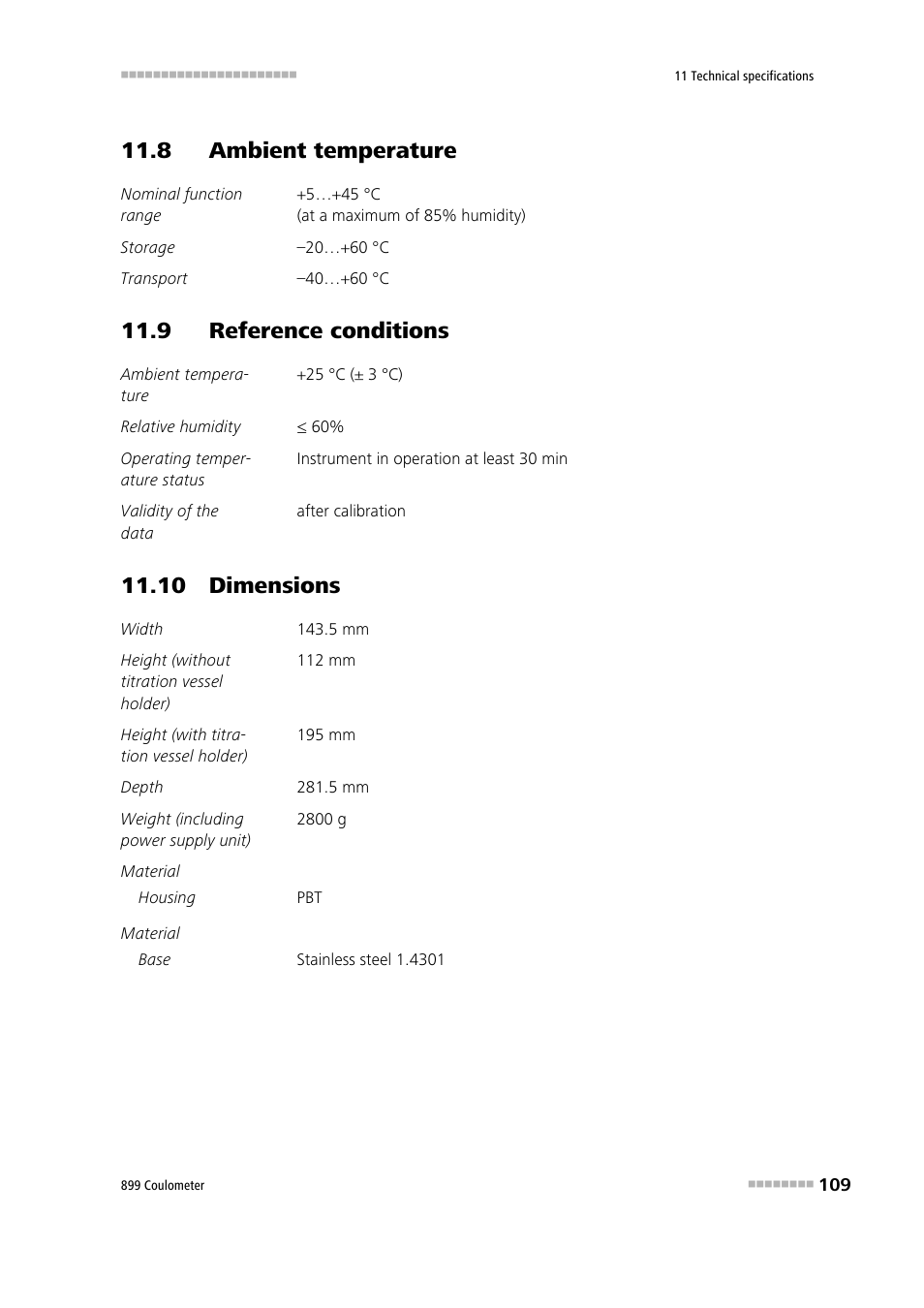 8 ambient temperature, 9 reference conditions, 10 dimensions | Metrohm 899 Coulometer User Manual | Page 119 / 178