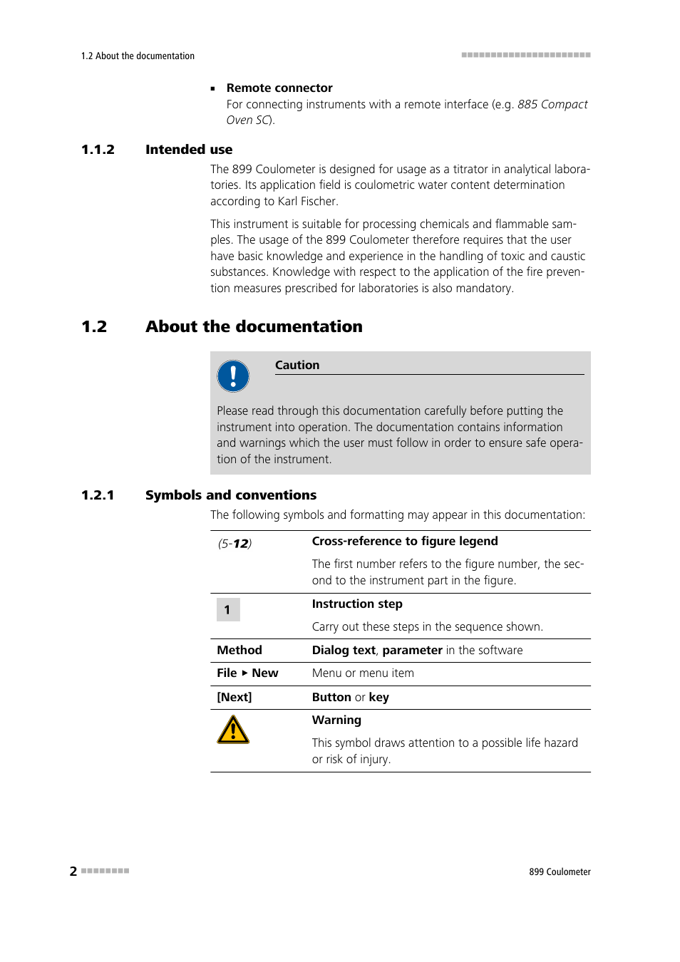 2 intended use, 2 about the documentation, 1 symbols and conventions | Intended use, About the documentation, Symbols and conventions | Metrohm 899 Coulometer User Manual | Page 12 / 178
