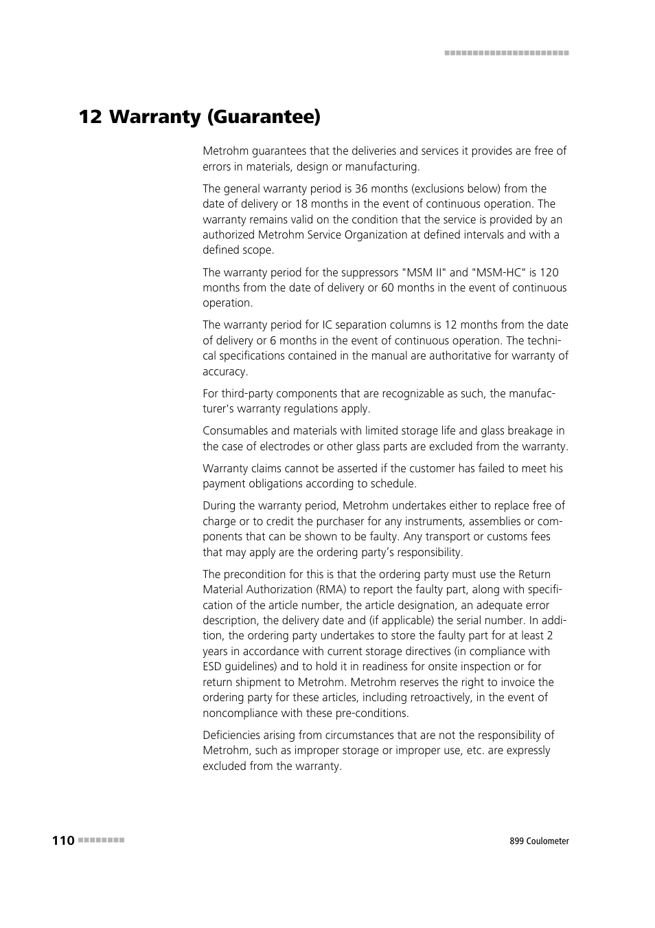 12 warranty (guarantee) | Metrohm 899 Coulometer User Manual | Page 120 / 178
