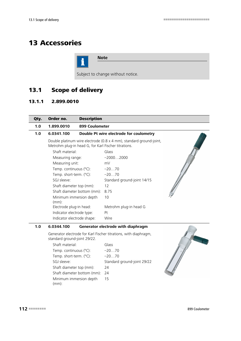 13 accessories, 1 scope of delivery, 1 scope of delivery 13.1.1 | Metrohm 899 Coulometer User Manual | Page 122 / 178