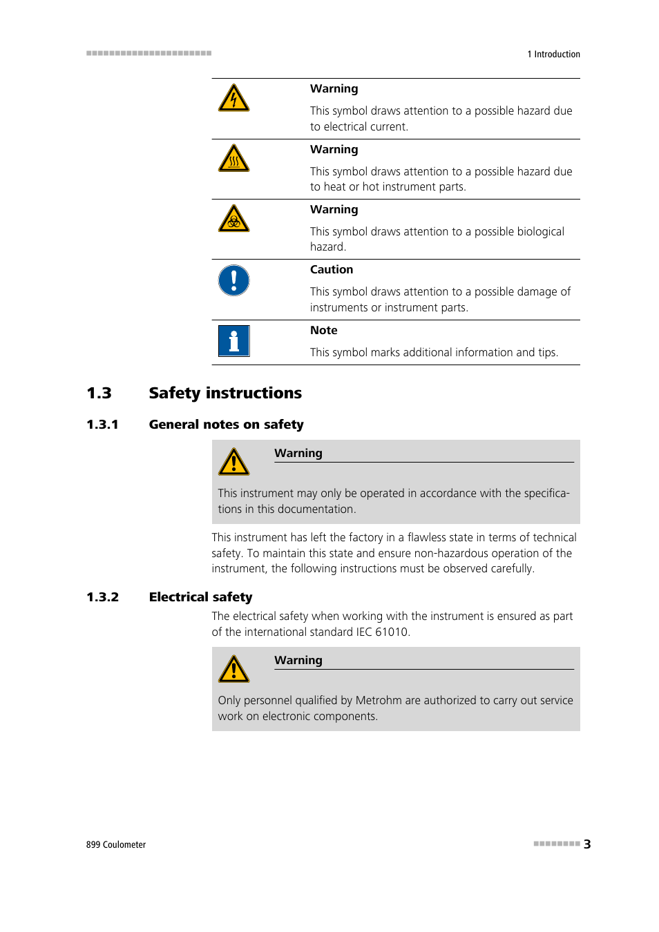 3 safety instructions, 1 general notes on safety, 2 electrical safety | Safety instructions, General notes on safety, Electrical safety | Metrohm 899 Coulometer User Manual | Page 13 / 178