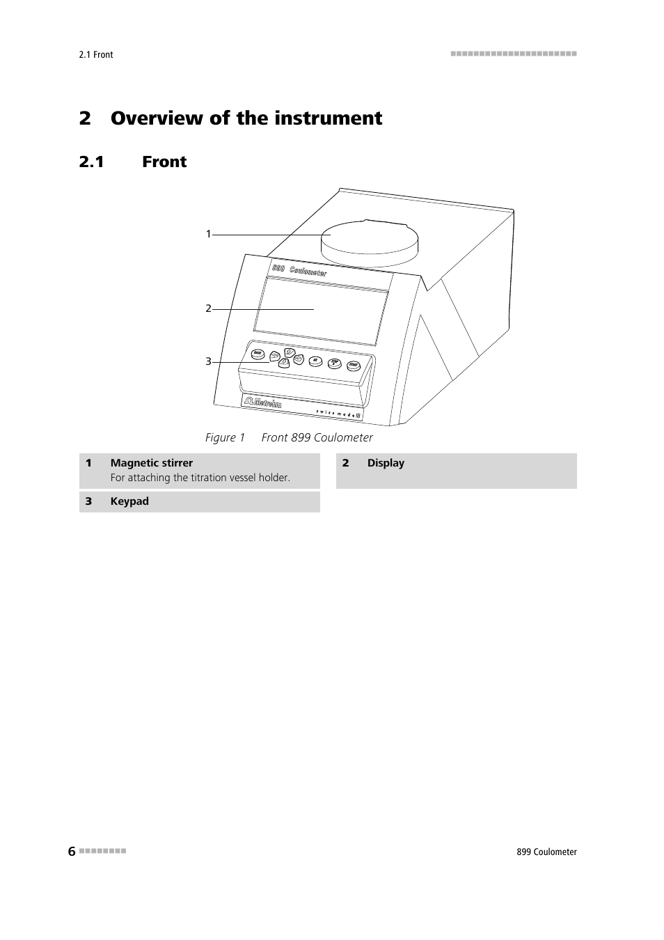 2 overview of the instrument, 1 front, Front | Figure 1, Front 899 coulometer | Metrohm 899 Coulometer User Manual | Page 16 / 178