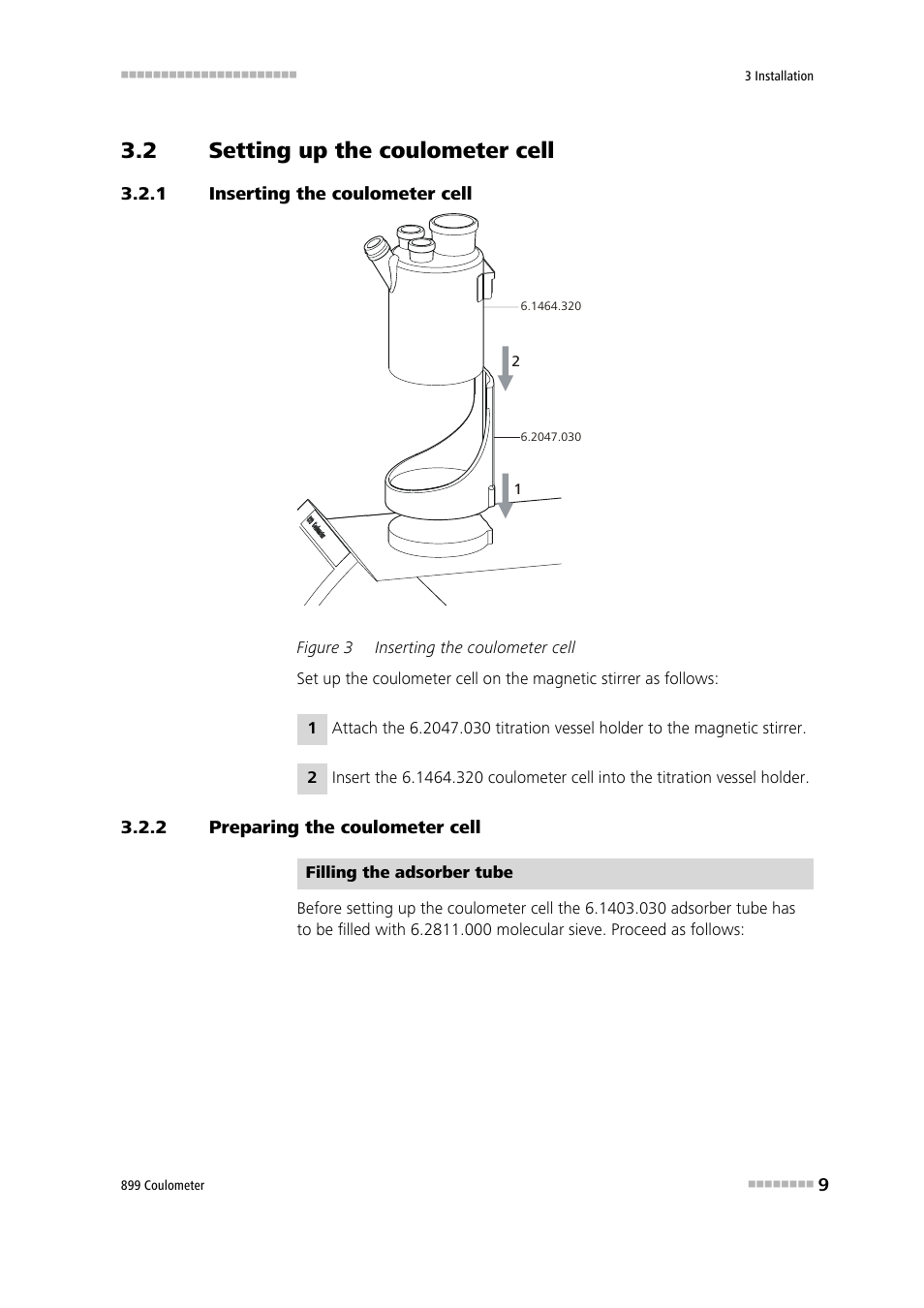 2 setting up the coulometer cell, 1 inserting the coulometer cell, 2 preparing the coulometer cell | Setting up the coulometer cell, Inserting the coulometer cell, Preparing the coulometer cell, Figure 3 | Metrohm 899 Coulometer User Manual | Page 19 / 178