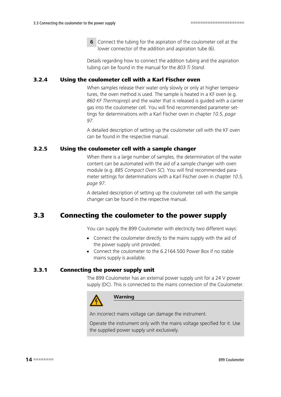 5 using the coulometer cell with a sample changer, 3 connecting the coulometer to the power supply, 1 connecting the power supply unit | Using the coulometer cell with a karl fischer oven, Using the coulometer cell with a sample changer, Connecting the coulometer to the power supply, Connecting the power supply unit | Metrohm 899 Coulometer User Manual | Page 24 / 178