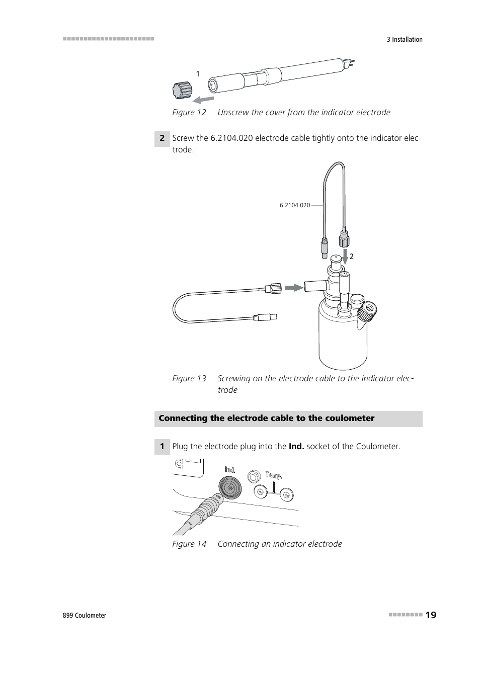 Figure 12, Unscrew the cover from the indicator electrode, Figure 13 | Figure 14, Connecting an indicator electrode | Metrohm 899 Coulometer User Manual | Page 29 / 178