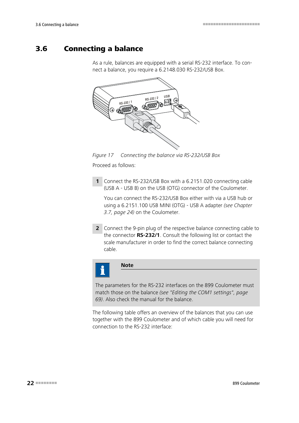 6 connecting a balance, Connecting a balance, Figure 17 | Connecting the balance via rs-232/usb box | Metrohm 899 Coulometer User Manual | Page 32 / 178