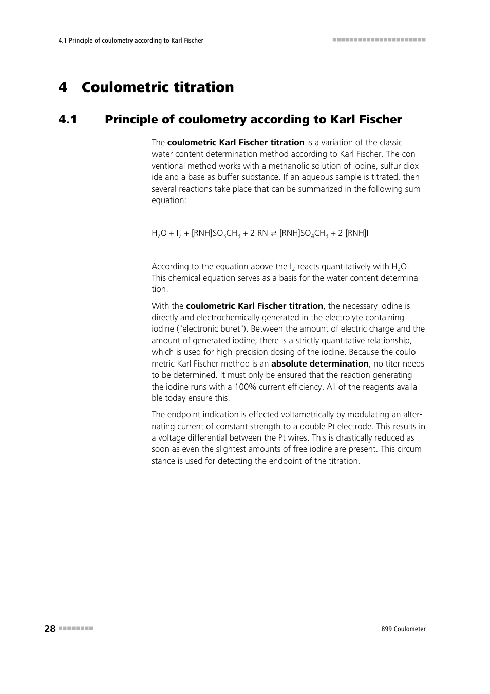 4 coulometric titration, Principle of coulometry according to karl fischer | Metrohm 899 Coulometer User Manual | Page 38 / 178