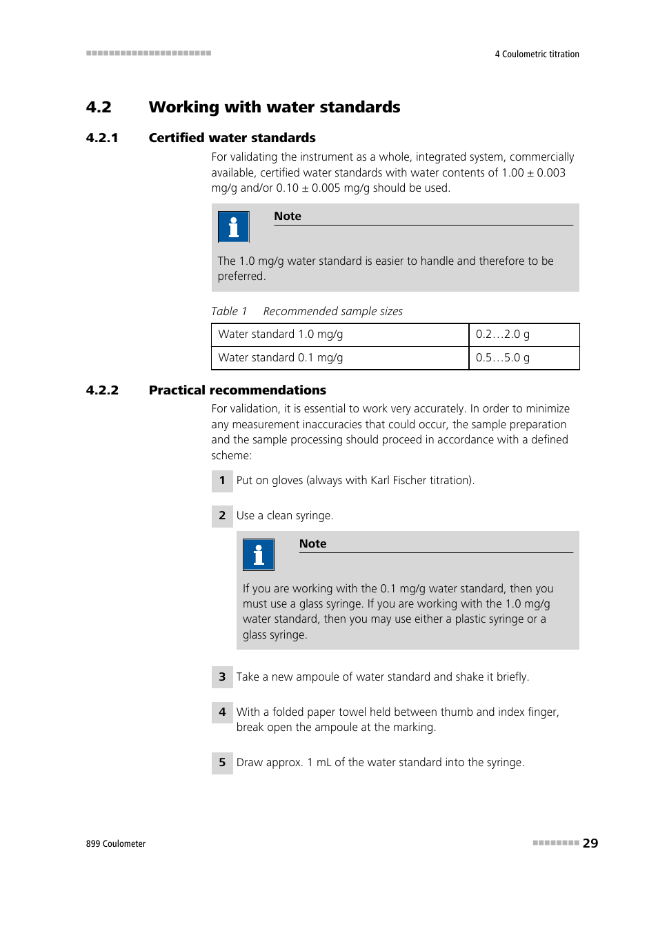 2 working with water standards, 1 certified water standards, 2 practical recommendations | Working with water standards, Certified water standards, Practical recommendations | Metrohm 899 Coulometer User Manual | Page 39 / 178