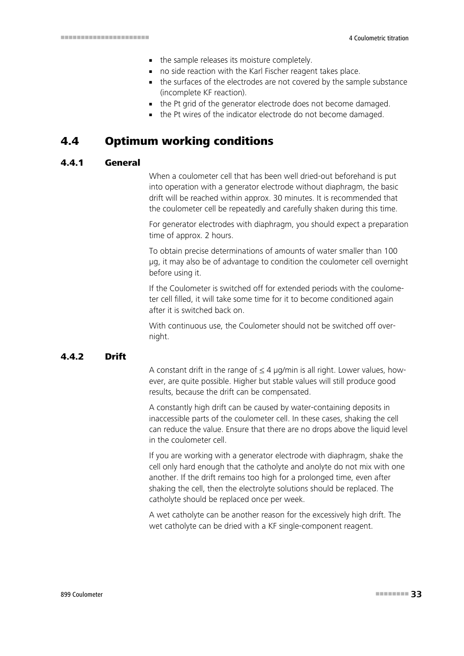 4 optimum working conditions, 1 general, 2 drift | Optimum working conditions, General, Drift | Metrohm 899 Coulometer User Manual | Page 43 / 178