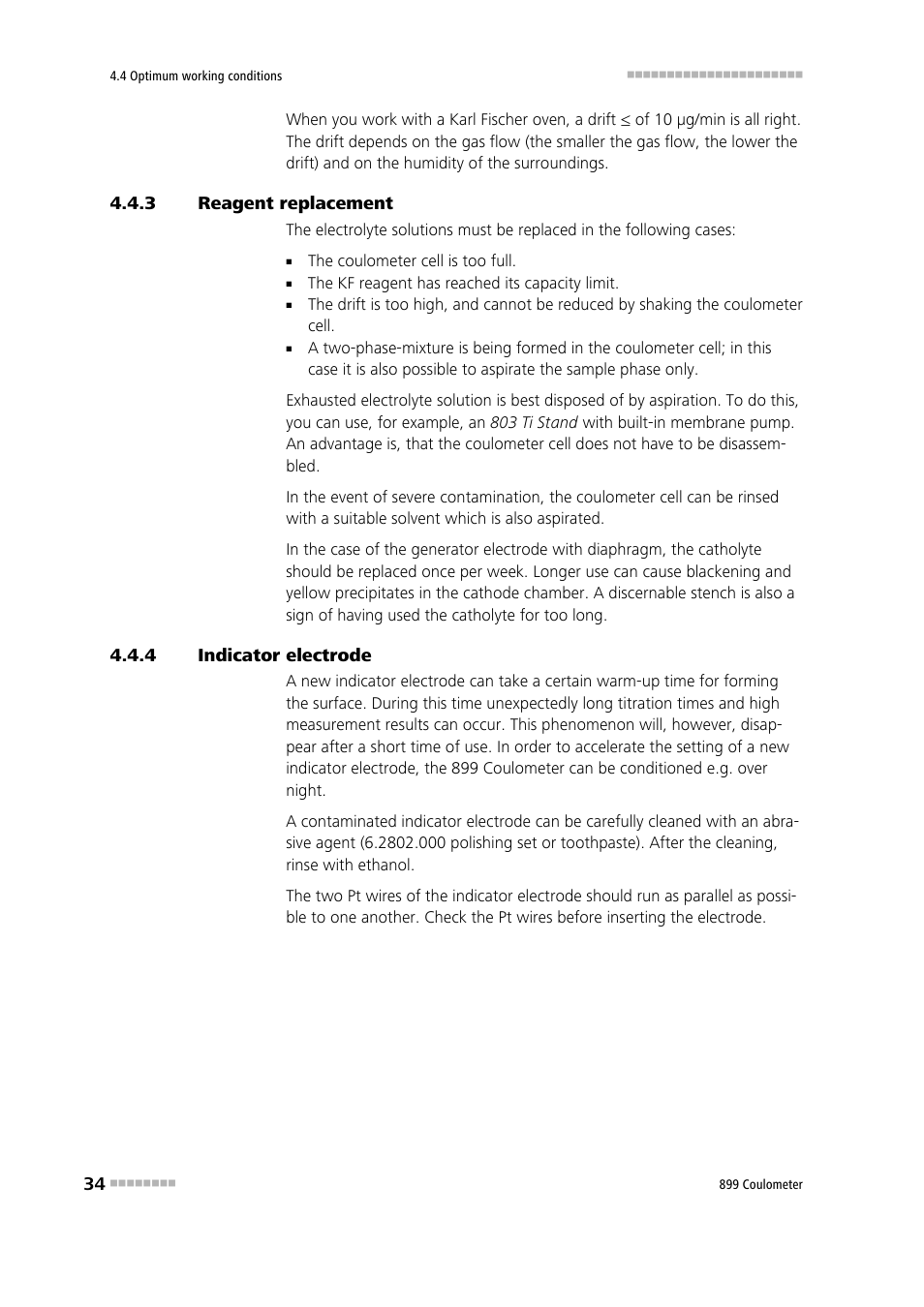 3 reagent replacement, 4 indicator electrode, Reagent replacement | Indicator electrode | Metrohm 899 Coulometer User Manual | Page 44 / 178