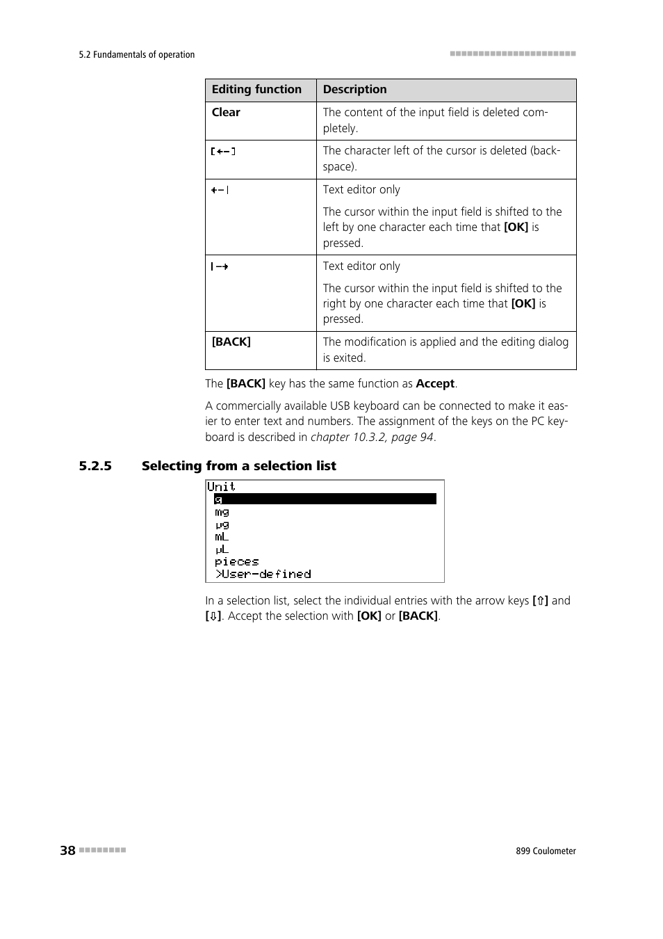 5 selecting from a selection list, Selecting from a selection list | Metrohm 899 Coulometer User Manual | Page 48 / 178