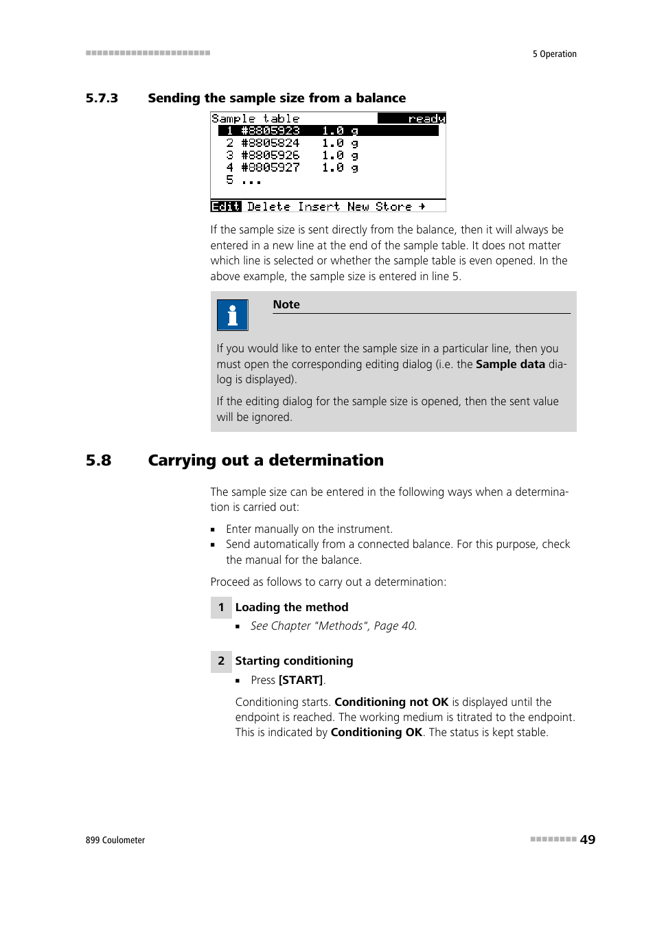 3 sending the sample size from a balance, 8 carrying out a determination, Sending the sample size from a balance | Carrying out a determination | Metrohm 899 Coulometer User Manual | Page 59 / 178