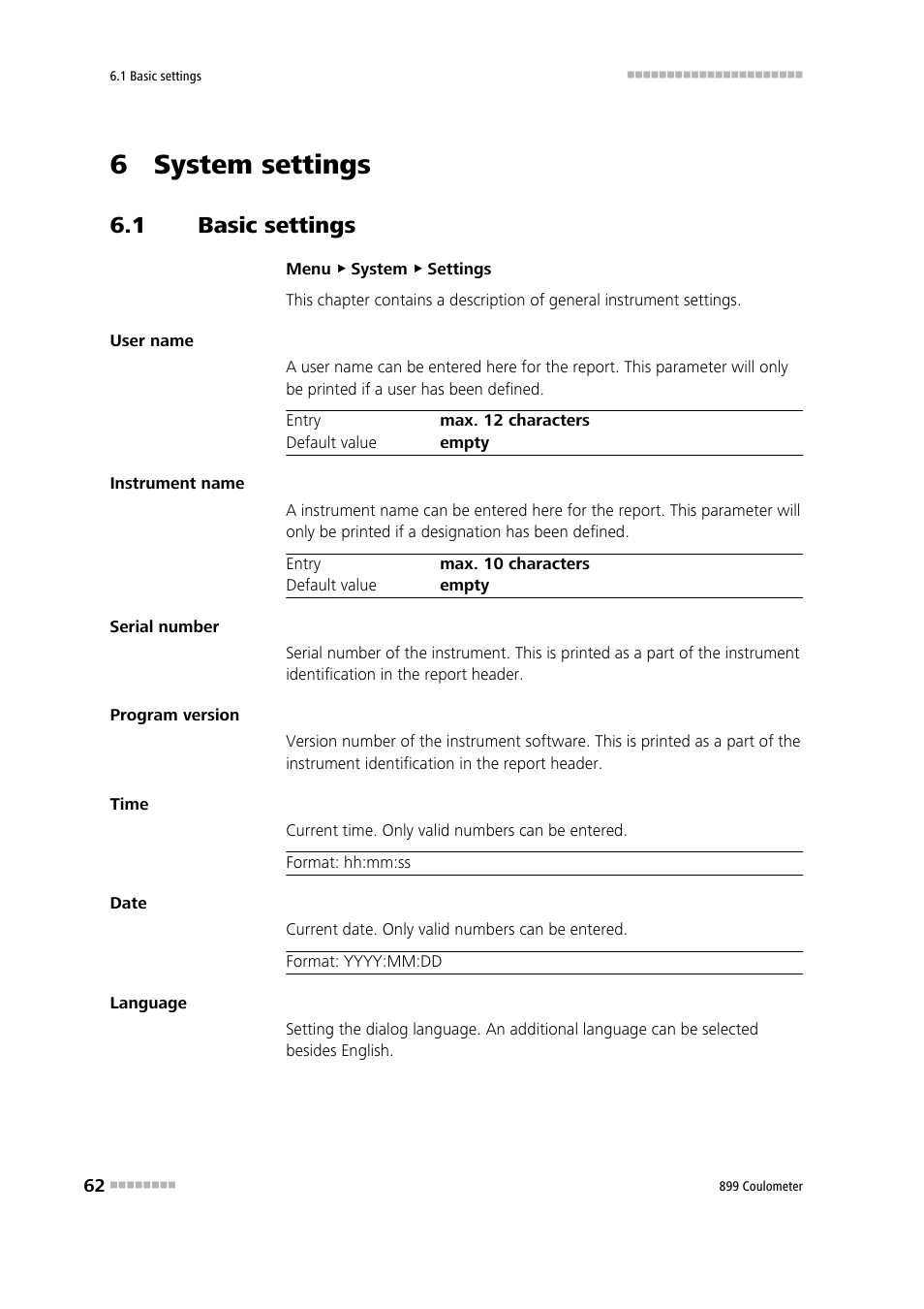 6 system settings, 1 basic settings, Basic settings | Metrohm 899 Coulometer User Manual | Page 72 / 178