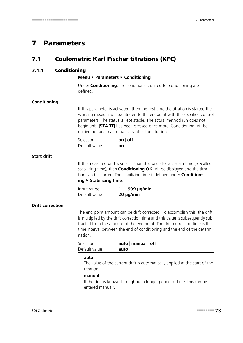 7 parameters, 1 coulometric karl fischer titrations (kfc), 1 conditioning | Coulometric karl fischer titrations (kfc), Conditioning | Metrohm 899 Coulometer User Manual | Page 83 / 178