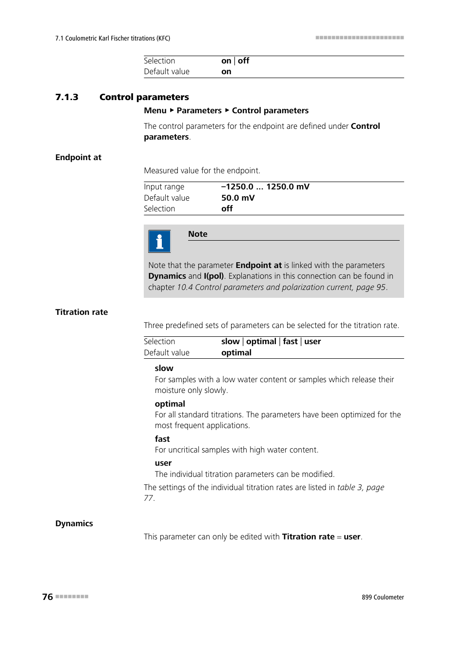 3 control parameters, Control parameters | Metrohm 899 Coulometer User Manual | Page 86 / 178