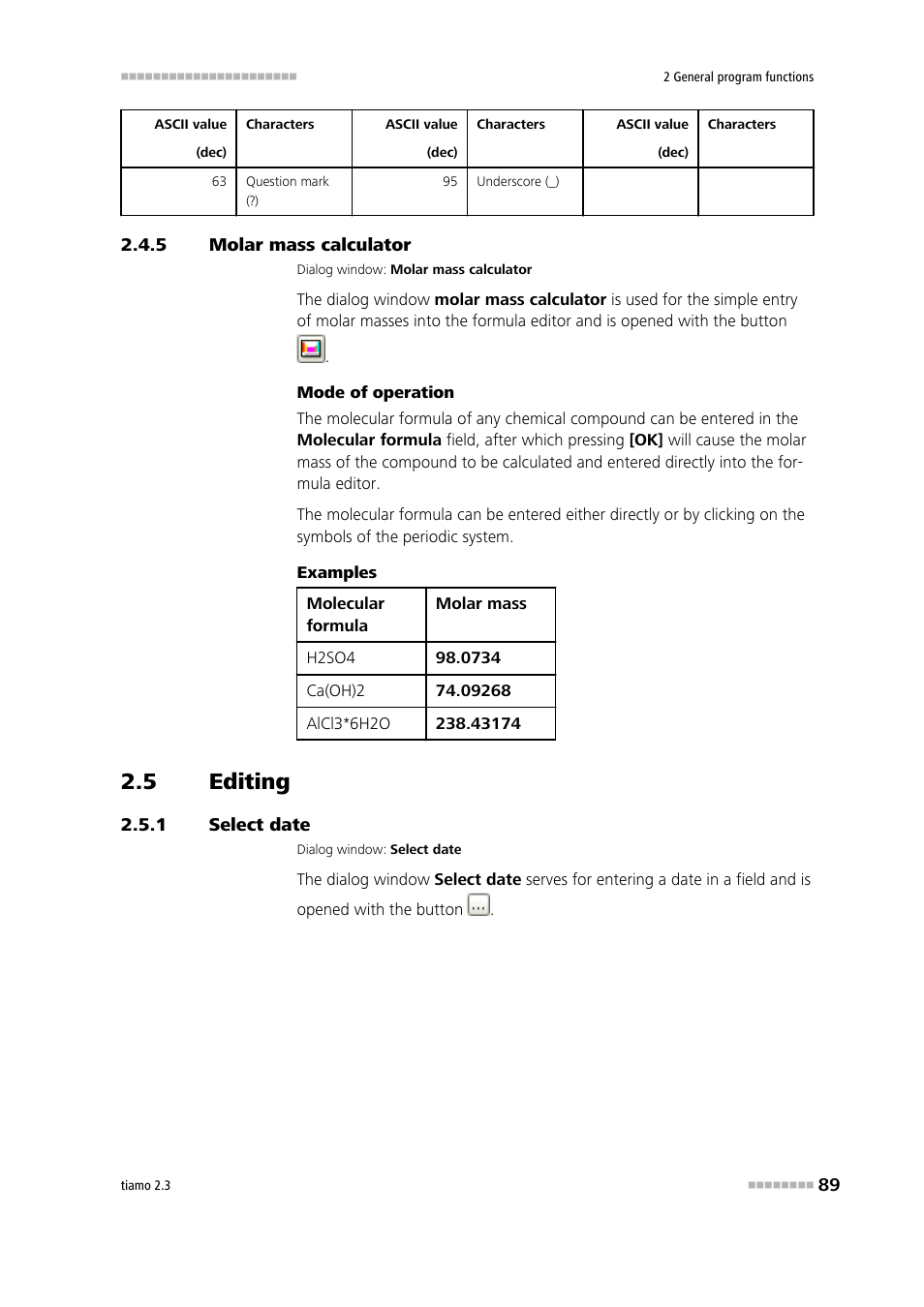 5 molar mass calculator, 5 editing, 1 select date | Molar mass calculator, Editing, Select date | Metrohm tiamo 2.3 Manual User Manual | Page 105 / 1697