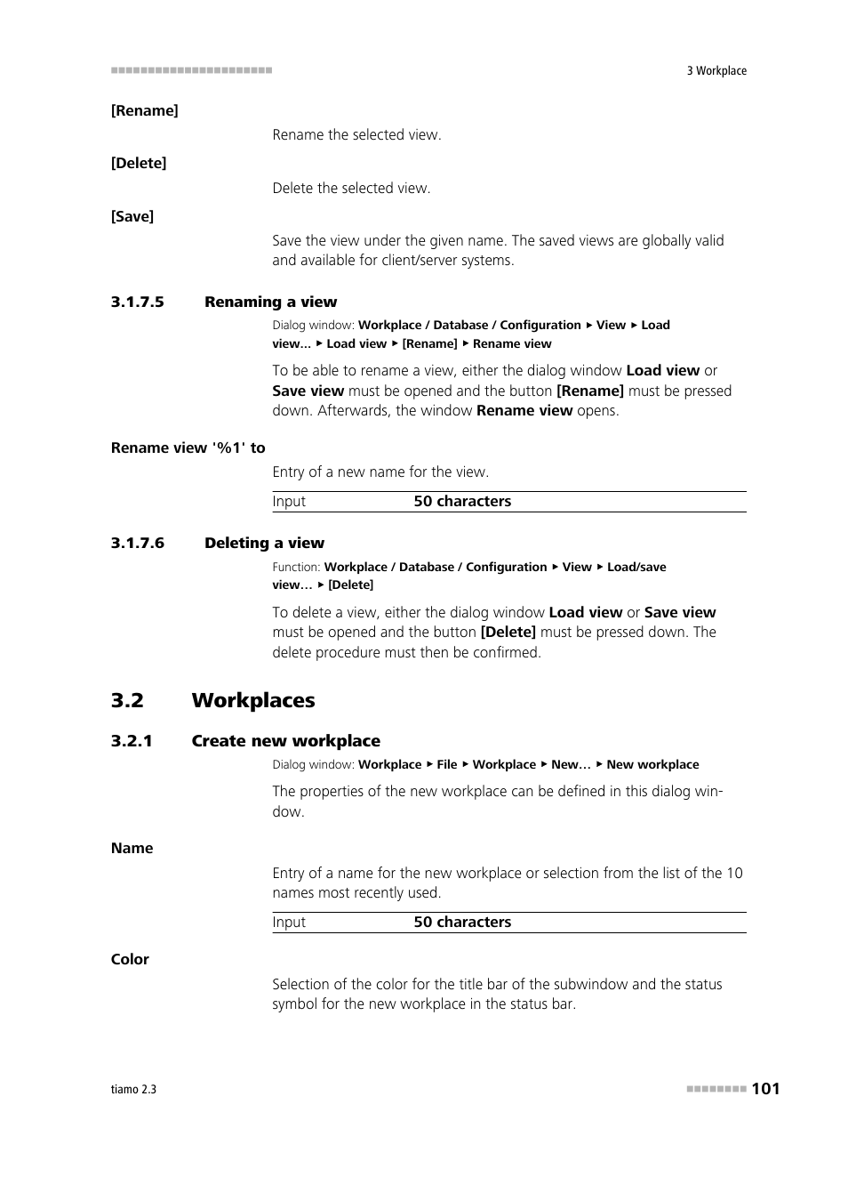 5 renaming a view, 6 deleting a view, 2 workplaces | 1 create new workplace, Workplaces, Create new workplace, Rename workplace view, Delete workplace view, Create workplace | Metrohm tiamo 2.3 Manual User Manual | Page 117 / 1697