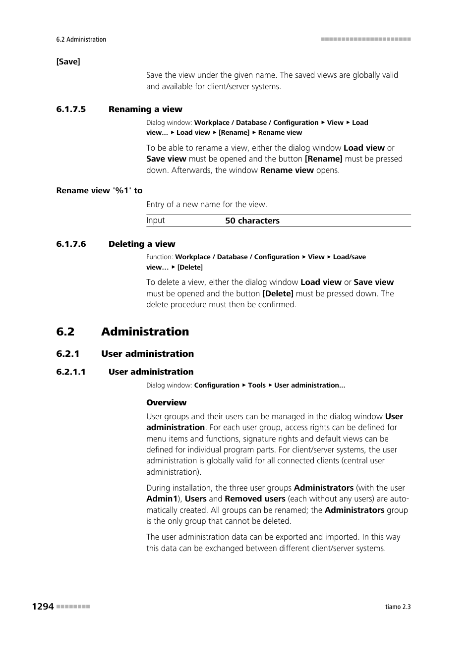 5 renaming a view, 6 deleting a view, 2 administration | 1 user administration, Administration 4, User administration 4, Manage user groups | Metrohm tiamo 2.3 Manual User Manual | Page 1310 / 1697